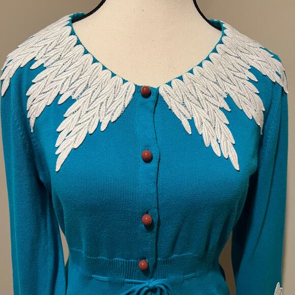 Anthropologie MOTH Wisteria Cardigan Sweater Teal Blue White Lace Trim Size M - Picture 4 of 11